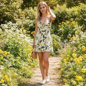 Pull&Bear Lemon Print Sweetheart Mini Dress White‎ Yellow Green XL 9390/316/250